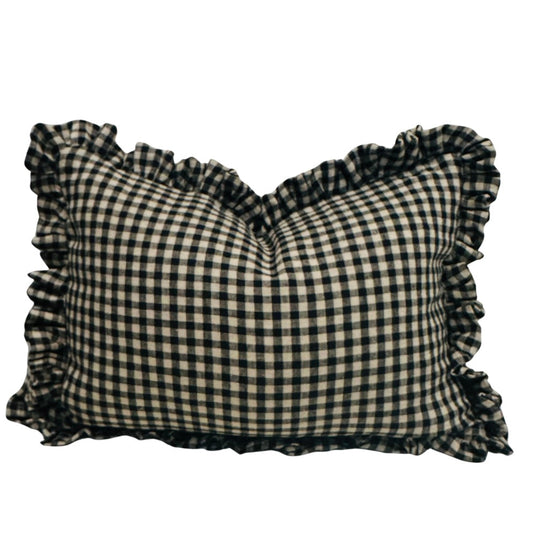 Black Linen Check Ruffle Pillow Cover