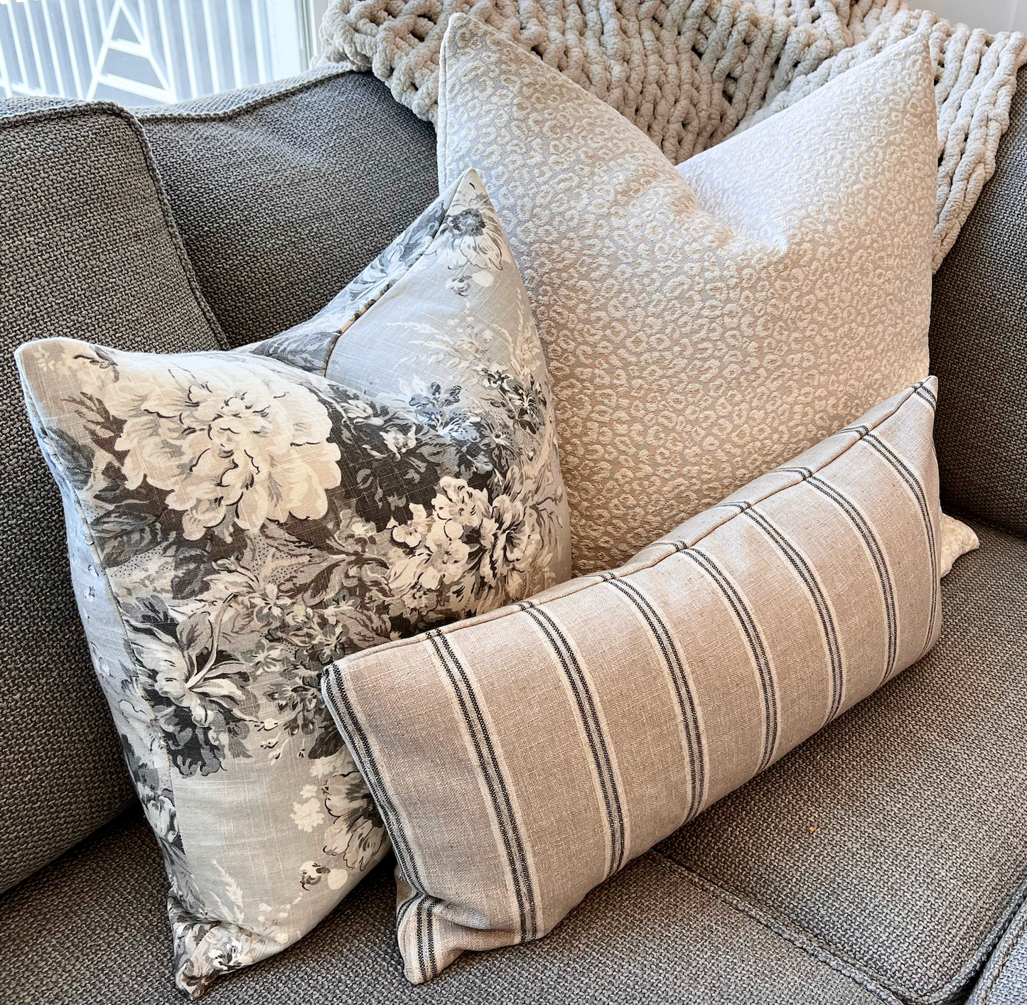 Grey Floral Pillow Cover